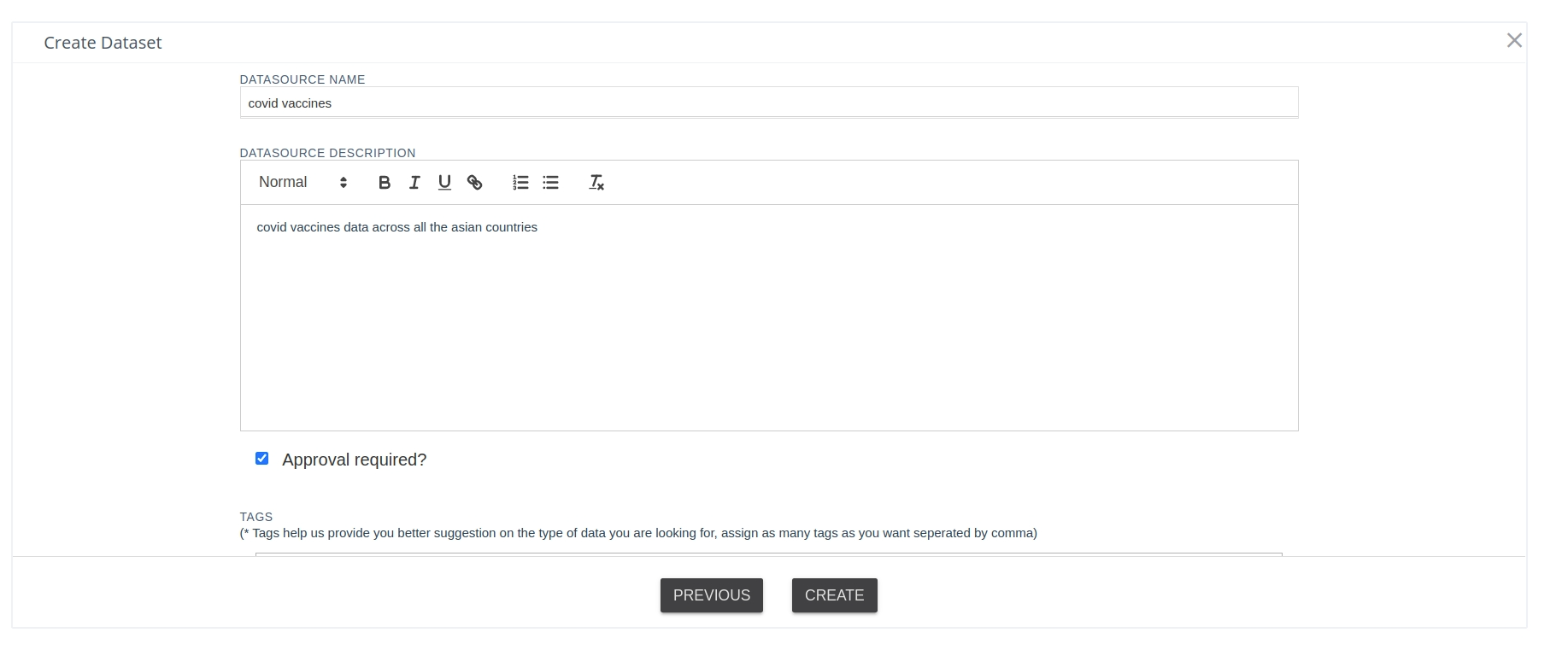 datasets section