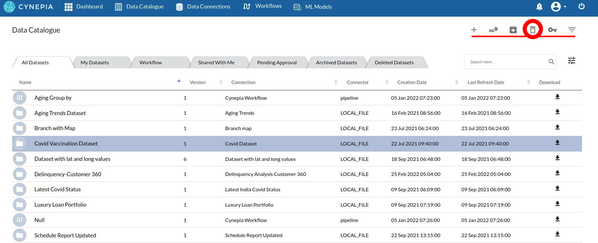 datasets section