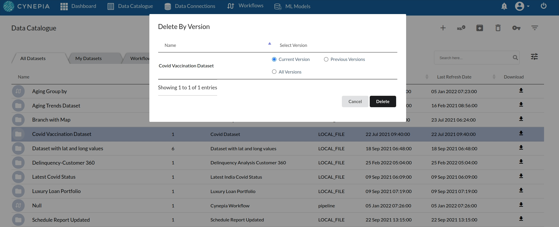 datasets section