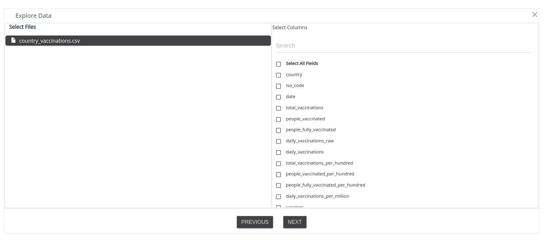 datasets section