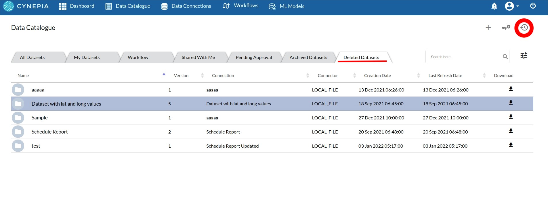 datasets section